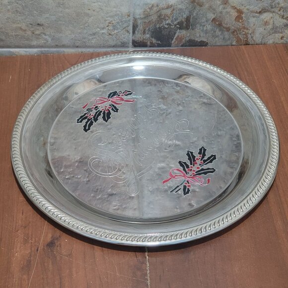 International Silver Plated Seasons Greetings Metal Serving Platter Holly Berrie - Picture 12 of 14